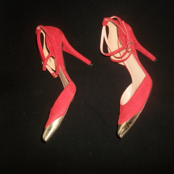 Stuart Weitzman Red-Suede Pointy Hi-Heel Ankle-Strap Pumps w Gold Cap-Toe 7.5M - Picture 1 of 10